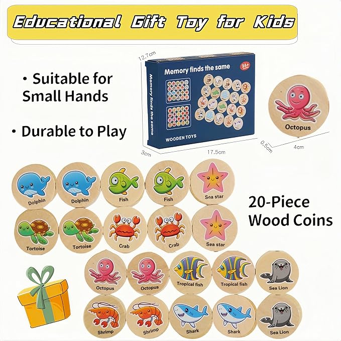 Memory Game for Kids, 20Pcs Wooden Flash Cards for Toddlers Memory Matching, Educational Sea Animal Toys Preschooler Early Memory Practice Development, Car Plane Activities, Gifts for Boys Girls