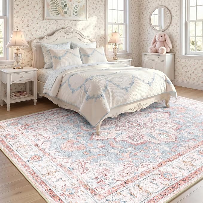 CAPALOCA 7x9 Washable Nursery Girls Low Pile Area Rug Pink Blue | Non-Slip Soft Rugs for Bedroom Kids Playroom Living Room, Print Pattern Water Repellent Carpet Indoor Decor