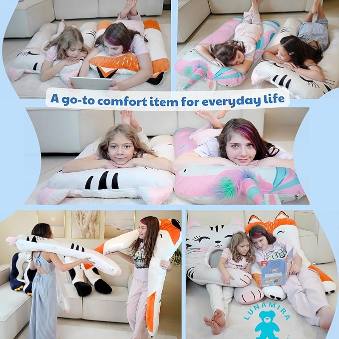 LUNAMIRA Fox Kids Body Pillow - 47" U-Shape Long Plush Soft Animal Pillow for Kids, Sleeping, Reading, ADHD & Special Needs Comfort, Anxiety, Washable Cover, Snuggle Fun Cuddle Gift for Boys & Girls