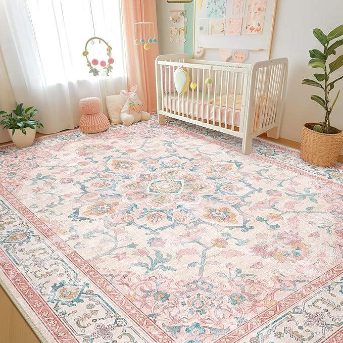 CAPALOCA 9x12 Washable Nursery Girls Low Pile Area Rug Pink Teal | Non-Slip Soft Rugs for Bedroom Kids Playroom Living Room, Print Pattern Water Repellent Carpet Indoor Decor