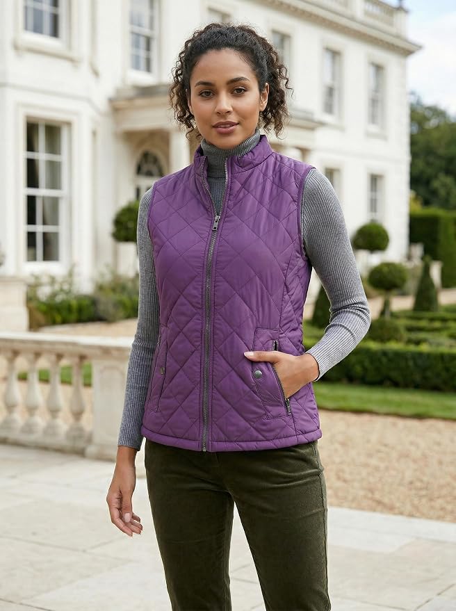 Fuinloth Women's Quilted Vest Lightweight Puffer Stand Collar Zip Gilet | 4 pockets with 2 inner storage. Quilted padded warm gilet. Fall winter outerwear layering vest for travel hiking daily wear.
