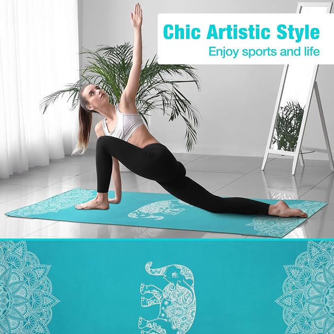 MoKo Yoga Towel, Non Slip Hot Yoga Mat Yoga Blanket Printing Pattern Quick Dry with Corner Pocket for Bikram, Pilates, Gym Workout, Outdoor Picnic, Lake Blue & Elephant