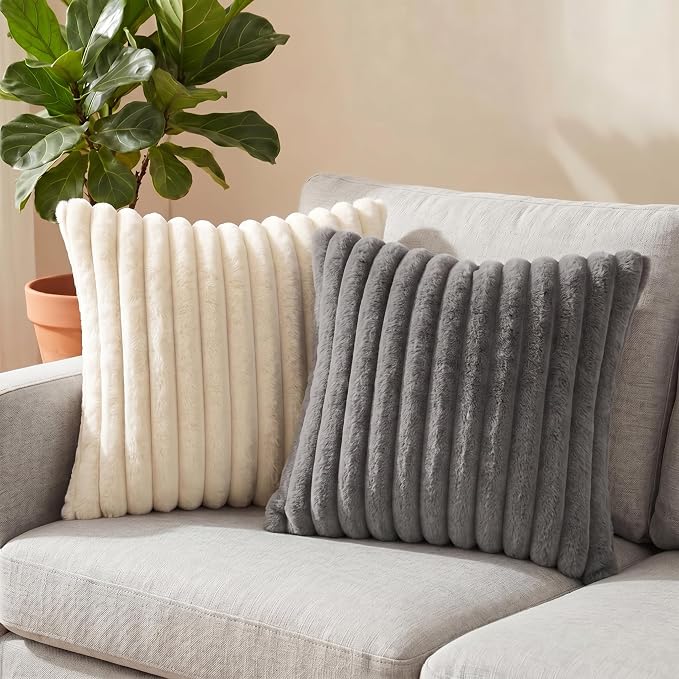 Pack of 2 Throw Pillow Covers 18x18 Decorative Solid Plush Faux Fur with Soft Velvet Back, Square Striped Cushion Cases Modern Farmhouse Home Decor for Living Room Couch Sofa Bed Dark Gray