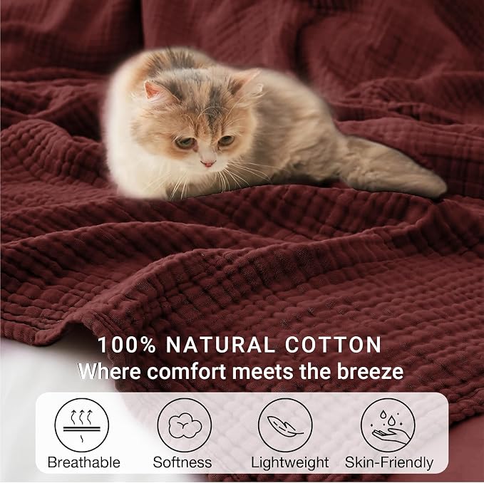 100% Cotton Muslin Blanket King 108" x 90", 6 Layers Breathable and Lightweight Cotton Throw Blankets for Bed, Soft Cooling Summer Gauze Blanket for Adults All Season, Burgundy