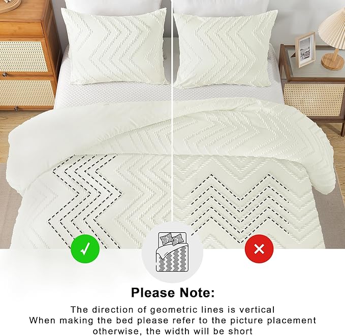 Andency Ivory Oversized Super King Comforter Set, Boho Soft Warm Tufted Neutral Bedding Comforter Sets, 3 Pieces Aesthetic Chevron Farmhouse Cute Bohemian Textured Bedding Set