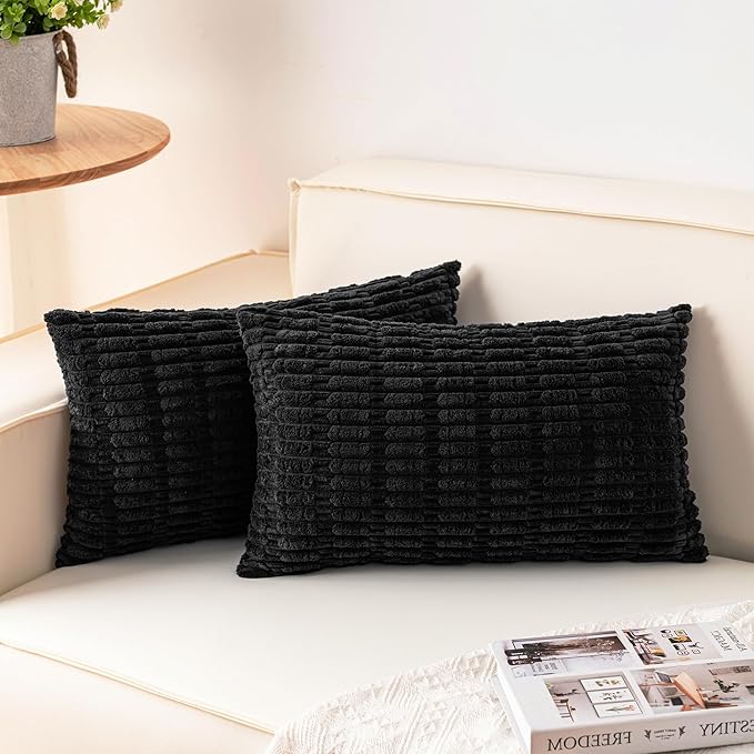Aegero Pack of 2 Corduroy Decorative Throw Pillow Covers 12x24 Inch, Black | Fall Soft Striped Pillow Covers Modern Farmhouse Home Decor Christmas Throw Pillow Covers for Sofa Living Room Couch Bed