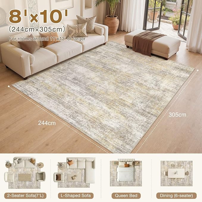 cotiled Washable Area Rugs 8x10 Living Room | Non Slip Backing, Stain Resistant, Pet Friendly, Large Neutral Soft Indoor Carpet For Bedroom, Nursery, Office, Gold/Brown