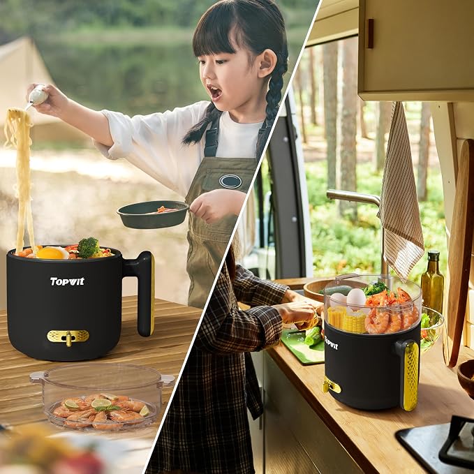 TOPWIT 1.8L Electric Hot Pot with Steamer, Ramen Cooker with Dual Power | Multifunctional for Steak, Egg, Soup & Noodles, Non-Stick Pot, Portable for Dorm & Office, Overheat & Boil-Dry Protection