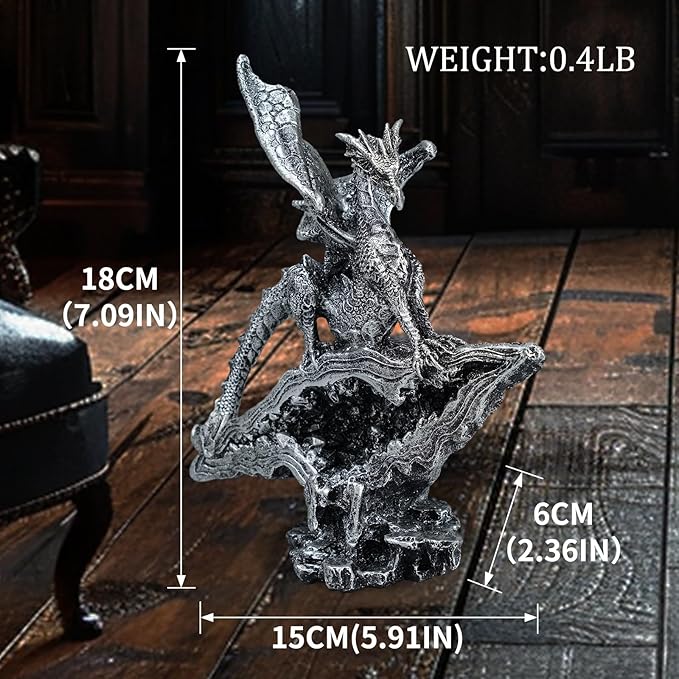 Gothic Medieval Mythic Dragon Figurine Statue Fantasy Decoration Table Office Home Bedroom Livingroom Decoration Gift (7 Inches,Silver)