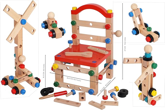 Wooden Nuts and Bolts Set - Construction Work Bench Chair - Wooden Construction Kits for Kids - Compatible with TOWO Nuts Bolts Set