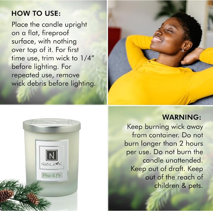 Nabila K – Pine & Fir - Soy-Based Candle – Fragrant Fir, Cedarwood, Pine, Patchouli, Garjun Balsam - Hand-Poured - Cotton Wick - Aromatherapy Candle w/Essential Oils - Made in USA - 3 oz