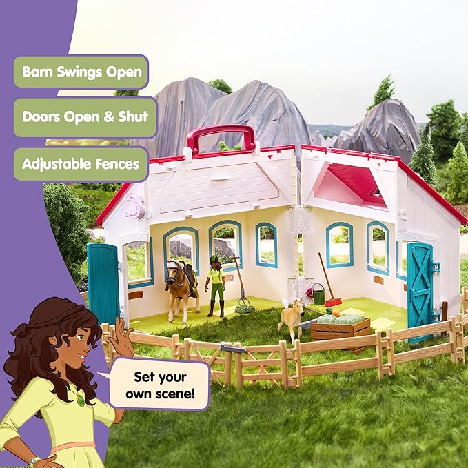 Schleich Horse Club - 60PC Little Horseshoe Open Stable Playset - Easy Carry Set with 2 Horse Figurines, Action Figure, Stable and Accessories - Toy Horses for Girls and Boys - Kids Ages 4+ | 42703