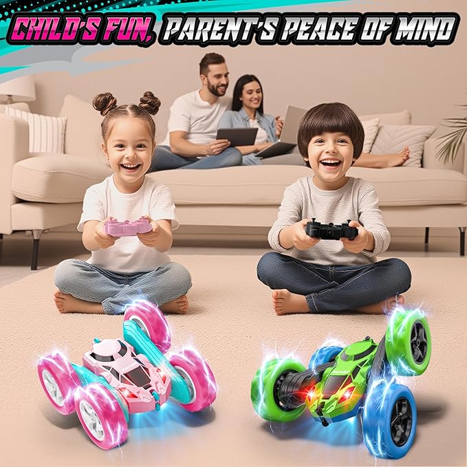 Pink RC Car for Girls, 360° Spinning Stunt Remote Control Vehicle with Lights, Upgraded 4WD Toy Rechargeable via USB-C, 2.4GHz Fast Electric Gift for Girls Age 6+ (Pink)