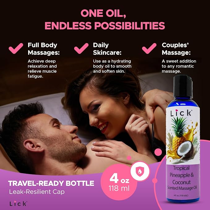 Lick Tropical Pineapple and Coconut Massage Oil with Vitamin E - Edible Body Oil for Couples Massage - Sweet Almond and Coconut Oil Blend - Smooth Long-Lasting Glide for Men and Women - 4 oz