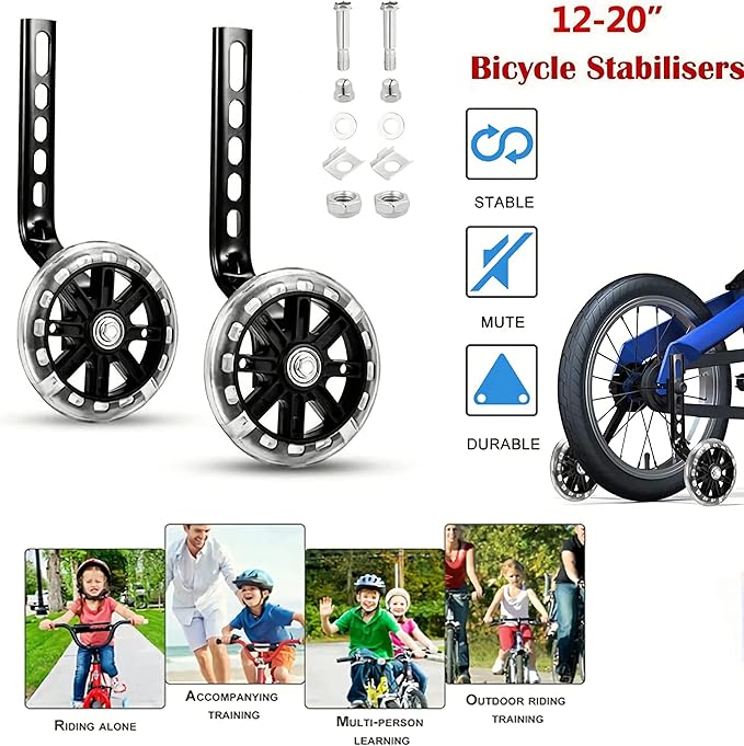 Training Wheels for Children's Bicycle Stabiliser Flash Mute Wheel Bicycle Stabiliser Mounted Kit for 12 14 16 18 20 Inch Bike, 1 Pair (Black)