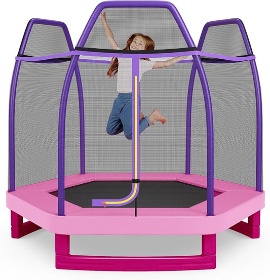 Giantex 7 Ft Trampoline for Kids, Heavy Duty Steel Frame Small Mini Toddler Trampoline, Great Gifts for Boys Girls, Outdoor Indoor Kids Trampoline with Net, for Age 3-8