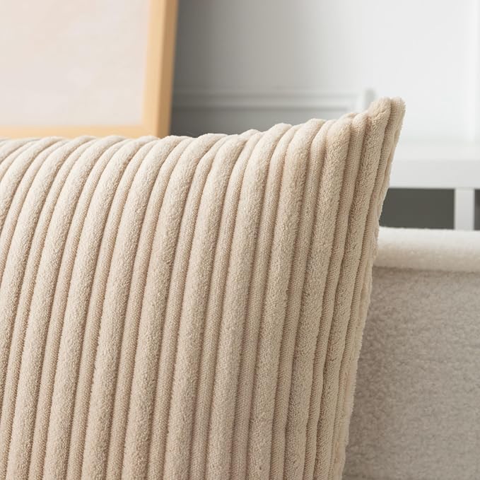 UGASA 12x24 Inch Pillow Cover Pack of 1 Soft Boho Stripe Corduroy Long Rectangular Lumbar Cushion Cover Farmhouse Decorative Throw Pillowcase for Bed, Couch, Sofa, Bedroom, Living Room, Beige