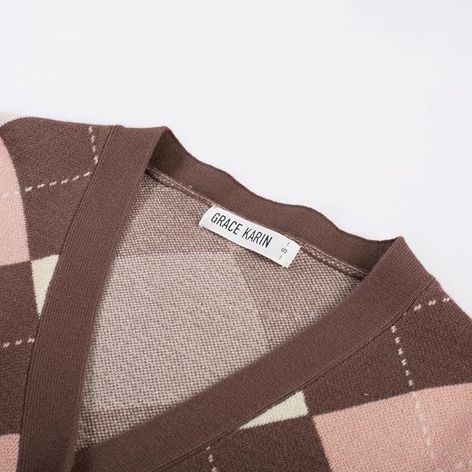 GRACE KARIN Womens Cardigan Sweater Fall Fashion Argyle Sweater Button Up Cardigan Teacher Outfits Preppy Clothes