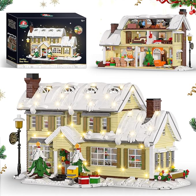 Christmas Holiday House Building Blocks Set, Christmas Village House Building Kit with Warm LED Lights, Christmas Toys, Winter Collection, Retro for Adults and Kids(2069PCS)