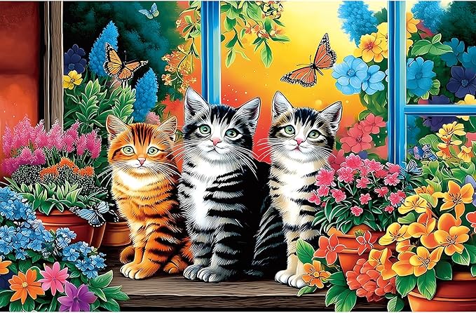 Cat 500 Piece Jigsaw Puzzle - Cute Kittens in Garden Window Design with Butterflies & Flowers | Unique Art Puzzle for Adults for Cat Lovers & Home Decor