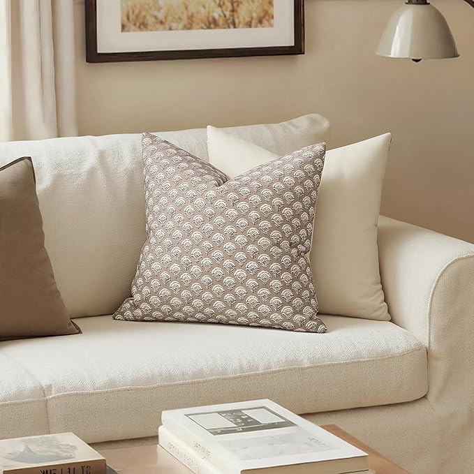 MIULEE Floral Print Decorative Pillow Covers 18x18, Light Taupe | Vintage Boho Farmhouse Modern Home Decor, Set of 2, Block Print Cushion Covers for Couch Sofa Bed Living Room