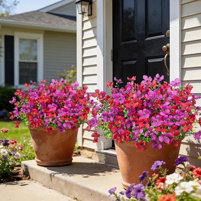 Ouddy Decor 16 Pcs Artificial Flowers for Outdoors Decoration, Purple & Red | Realistic, silk flowers, faux plastic plants, UV resistant, for summer garden porch window vase indoor outdoor home decor
