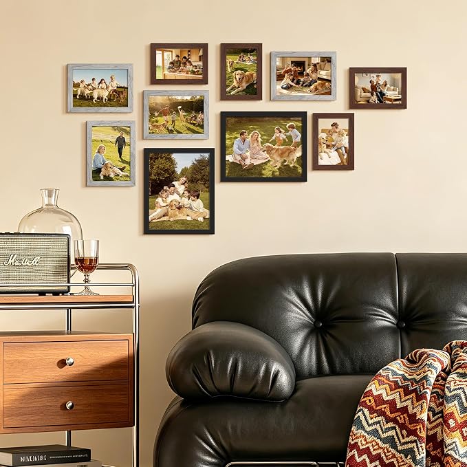 upsimples 10 Pack Picture Frames Collage Wall Decor for Mounting or Tabletop Display, Photo Gallery Frame Set for Family, Multi Sizes Including 8x10, 5x7, 4x6, Black Gray Brown | Black Brown Gray Multi Picture Frames Collage Wall Decor , Gallery Wall F...