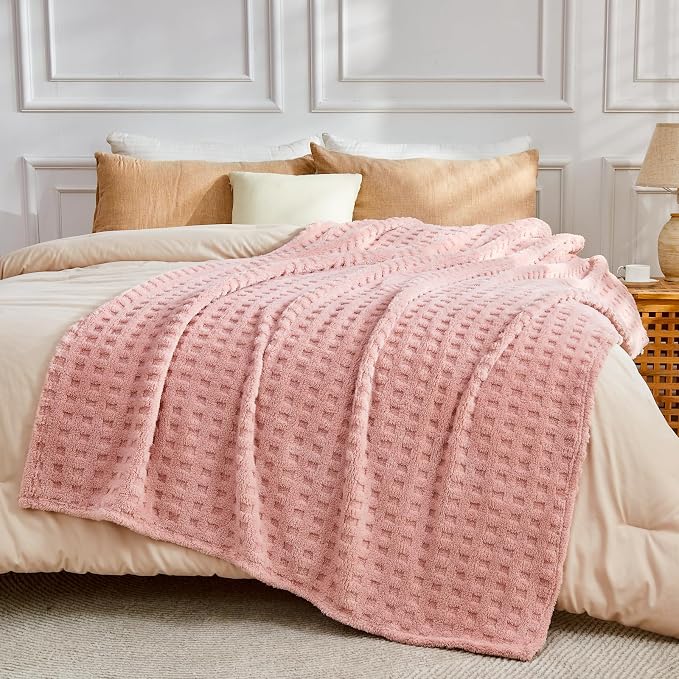 NEWCOSPLAY 3D Waffle Checkered Flannel Queen Blanket, Pink, 90"x90" | Super Soft Cute Lightweight Decorative Premium Silky Fleece Blanket for Couch Sofa Bed, Gift for Women Men, All Season Use