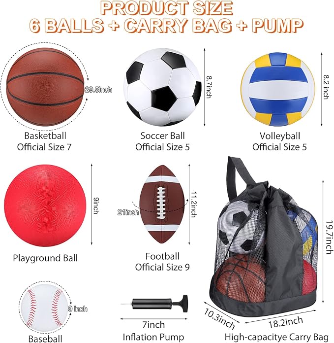 Libima 6 Pcs Multi Sport Ball Set Gift Official Size Football, Basketball, Soccer, Volleyball, Playground Ball, Baseball with Outdoor Sports Equipment Bag Pump for Christmas Holiday