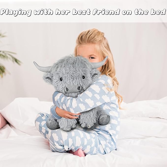 Highland Cow Weighted Stuffed Animals, 4 Lbs Grey Highland Cow Plush 13.7 Inches, Surprise Weighted Stuffed Animals Gift for Kids Birthdays, Halloween, Christmas (Grey)