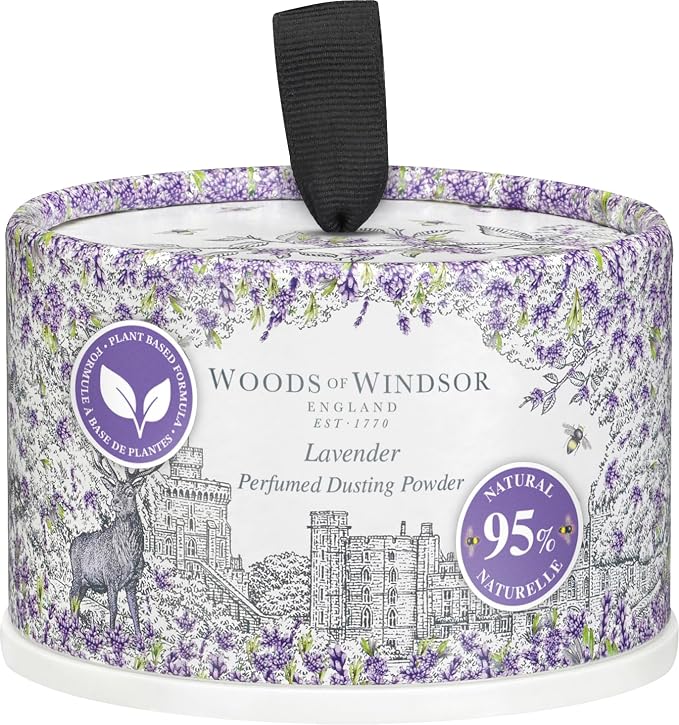 Woods of Windsor Lavender Odour Control Dusting Powder Body Puff 0.22 lb | Floral Body Talcum Powder, Helps Reduce Chafing, 95% Naturally Derived Ingredients, Vegan and Cruelty Free