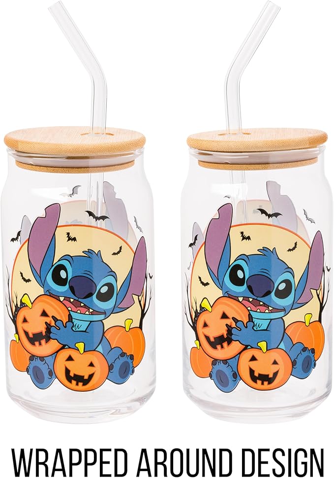 Silver Buffalo Disney Lilo and Stitch Halloween Spooky Pumpkin Patch Jack-O-Lantern Glass Jar Tumbler with Bamboo Lid and Glass Straw, 16 Ounces