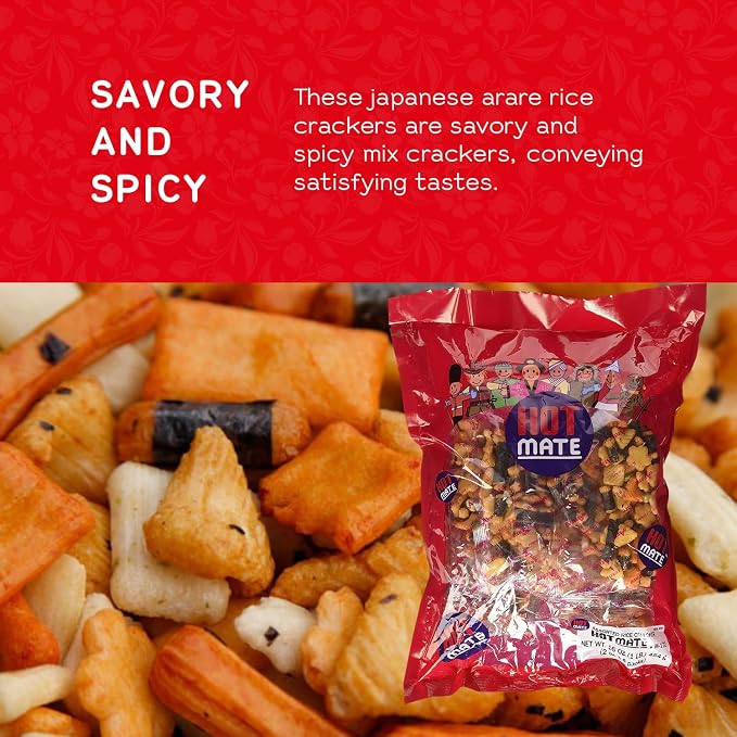 Shirakiku Hot Mate Japanese Rice Cracker | Oriental Asian Arare Rice Crackers with Glutinous Rice, Wasabi Green Peas, and Soy Sauce | Mixed Flavor, 16 oz. (Pack of 1)