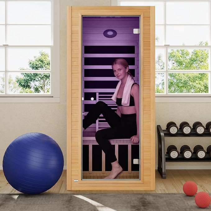 Infrared Sauna Room for Home, Near Zero EMF Wooden 1 Person Indoor Home Sauna with Bluetooth, LCD Control Panel, Chromo Therapy Light