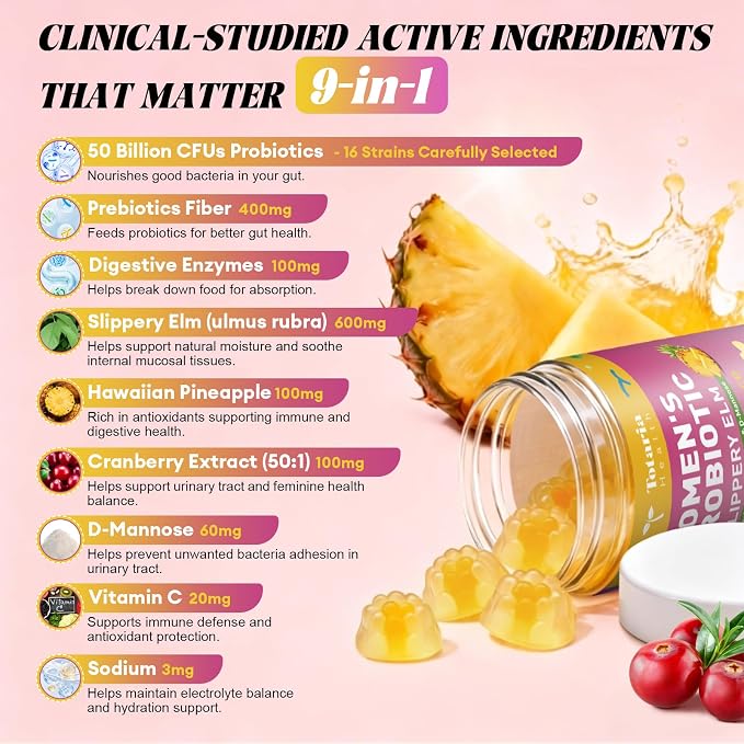 2PCS 9-in-1 Sugar Free Feminine Probiotics Gummies - pH Balance, 50 Billion CFU Vaginal Probiotic Gummies w/ Prebiotic, Slippery Elm, Cranberry, for Vaginal, Urinary Tract, Gut, Hawaiian Pineapple