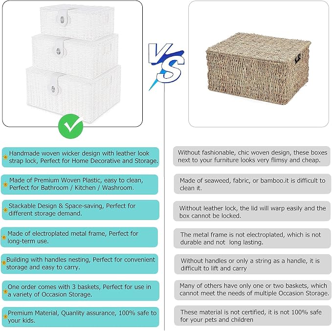 Set of 3 Woven Wicker Storage Basket Box with Lids & Lock, Built-in Carry Handles, Multifunctional Storage Organizer for Nursery, Baby, Clothes, Toys, Books, Large/Medium/Small Size (White)