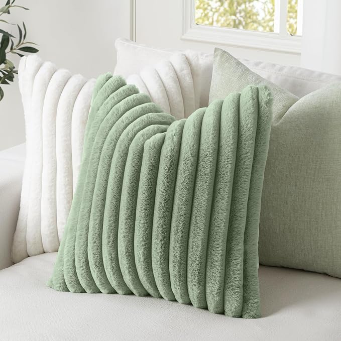 MIULEE Faux Fur Decorative Euro Sham Pillow Covers 24x24 Sage Green 2 Pack | Modern Soft Plush Couch Pillows, Cozy Fluffy Cushion Covers for Sofa Bed Living Room Home Decor