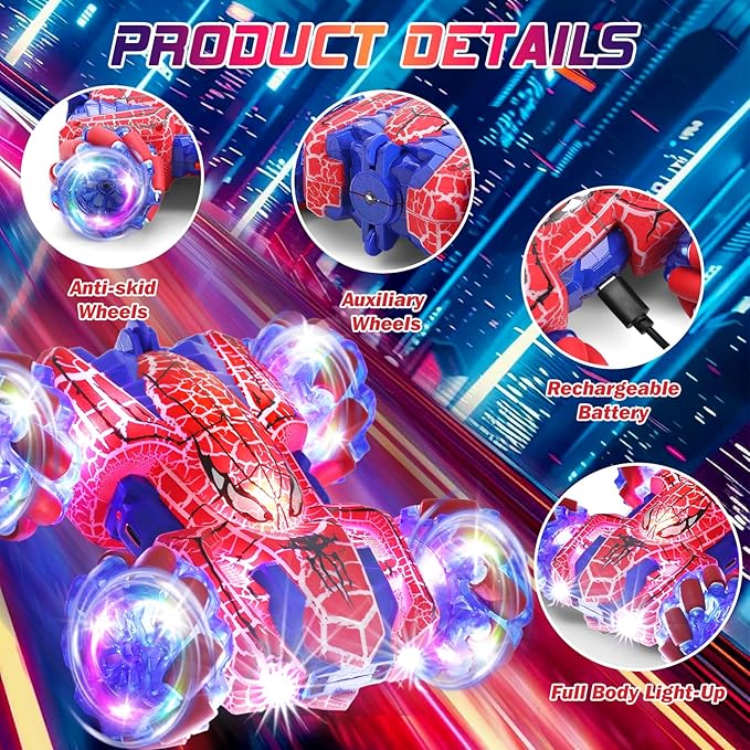 Gesture Sensing Remote Control Car, 2.4Ghz RC Cars with Wholebody Light & Headlight, Hand Controlled Double Sided Rechargeable RC Stunt Car Spider Toys for Boys 4-6 5-7 8-13