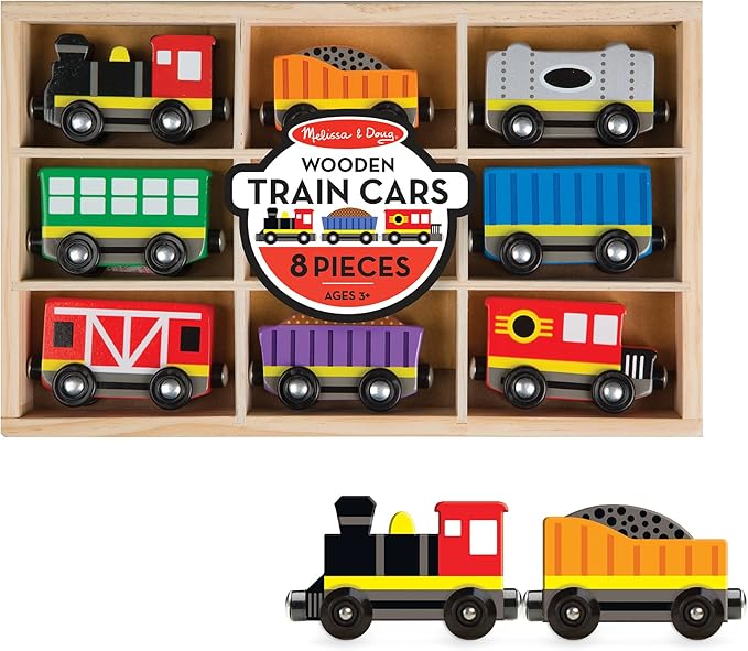 Melissa & Doug Wooden Train Cars, 8-Piece Magnetic Train Set with Toy Storage Tray, Steam Engine, Caboose, Coal & Passenger Cars, Montessori-Inspired Pretend Play Toys for Kids Ages 3+