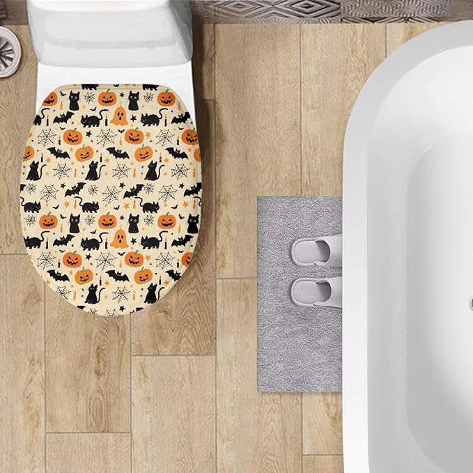 Toilet Lid Cover, Suitable for Most Round, Elongated and Oblong Toilet Seats, Bathroom Decorative Flannel Soft Toilet Lid Cover-Halloween Black Cat Pumpkins