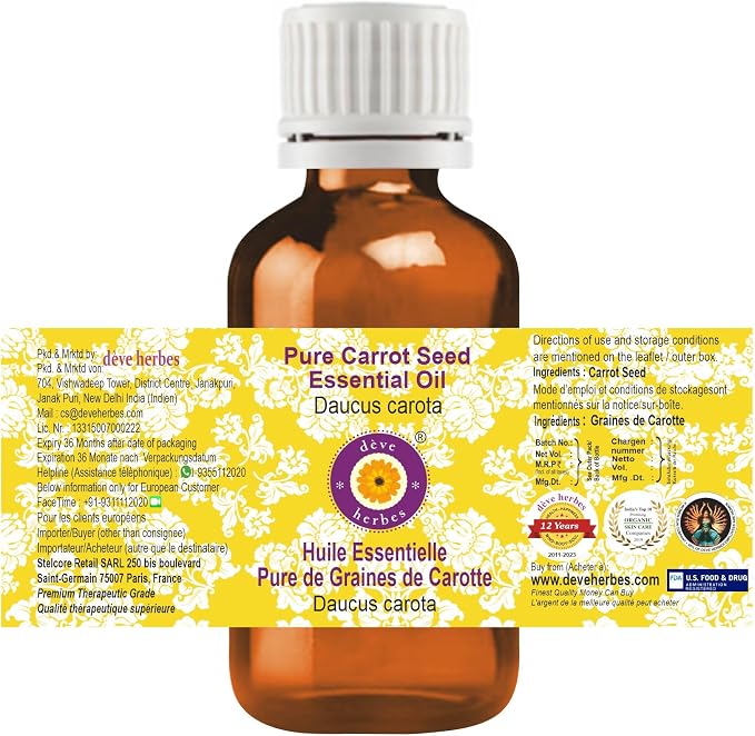 dève herbes Carrot Seed Essential Oil (Daucus carota) Pure | Non-Sticky | Non-Greasy | Lightweight | Men & Women | All Skin Types | Steam Distilled 10ml (0.33 oz)