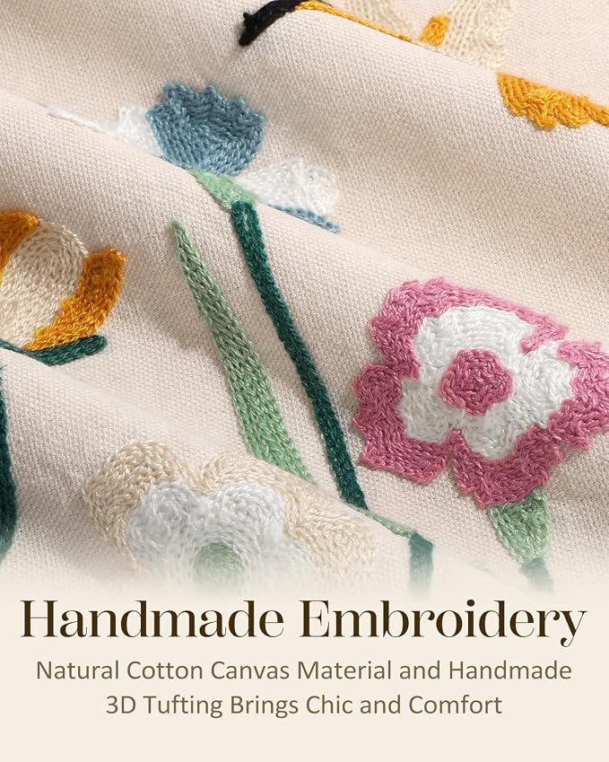 Embroidered Throw Pillow Cover 18x18 Inch, Flower Bird | Decorative Pillow Cover, Floral Cottagecore Cushion Case with Hidden Zipper, Farmhouse Decor for Couch, Sofa, Living Room