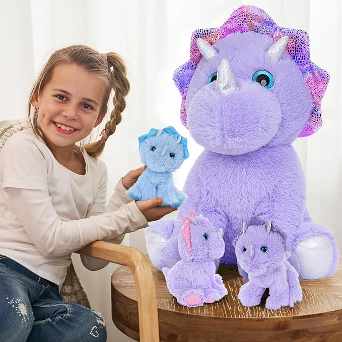 MaoGoLan Triceratops Stuffed Animal, 21" Purple Mommy Dinosaur Stuffed Animal with 3 Babies, Giant Dinosaur Plush Pillow Toy Set for Birthday Gift for Kids