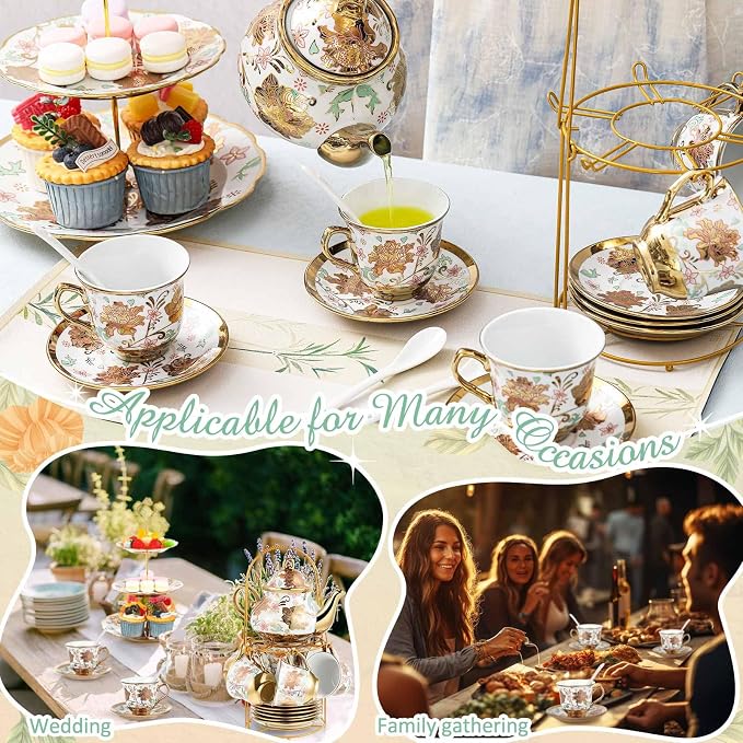 Maxcheck 21 Pcs Porcelain Tea Set for Women Tea Party with Metal Holder and 3 Tier Cake Stand Ceramic European Floral Teapot Set for Adults Mother's Day Christmas Thoughtful Gift(Classic Style)