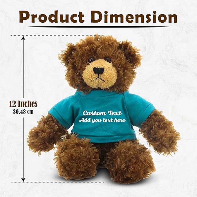 Customized Chocolate Brandon Bear - 12 inch Personalized Stuffed Bear Plush Toy - Perfect Custom Shirt Bear Gift for Graduation Valentines Graduation Easter Holidays (Teal Shirt)