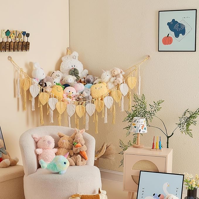 Pretty Jolly Stuffed Animal Storage with Hand Woven Leaf Tassels Hammock Corner Hanging Net Boho Macrame Plush Storage for Kid Room Nursery Decor Wall Display Organizer for Girls Boy Gift(Yellow)