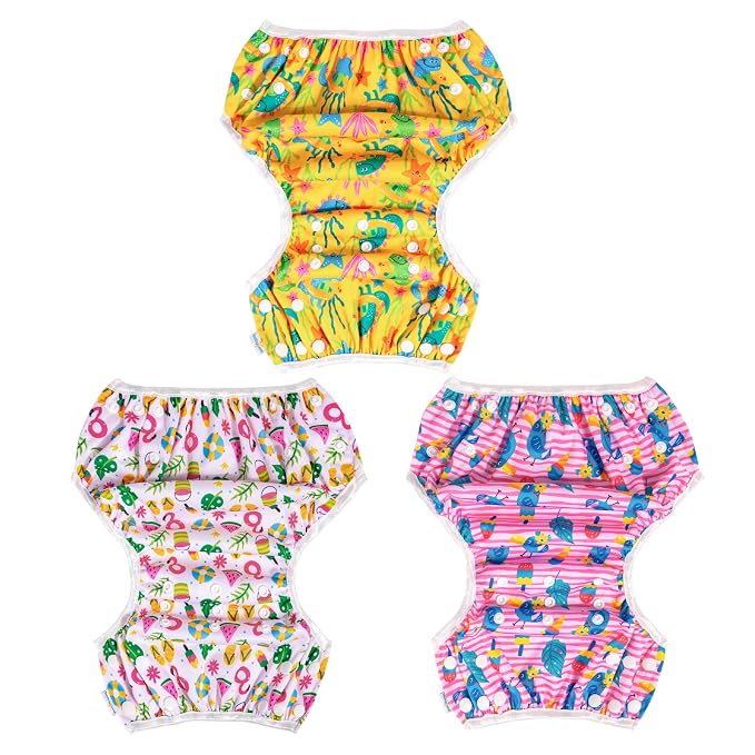 Babygoal Baby Girl Swim Diapers 3 Pack for 8M-3T Babies and Toddlers, Reusable Adjustable Washable for Swimming Lessons-Bird,Snake,Dinosaur
