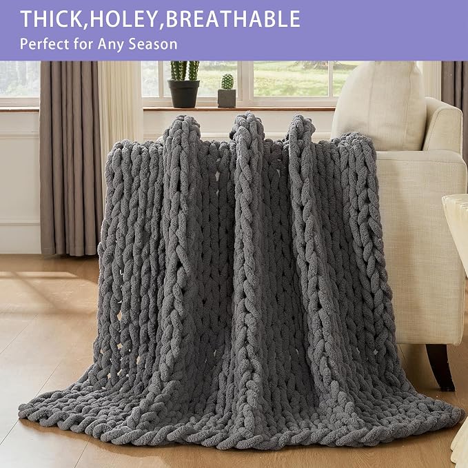 Bigacogo Chunky Knit Throw Blanket for Couch, 40x40 inches, Slate Gray | Hand Knit with Jumbo Chenille, Soft Breathable Cable Knit for Sofa Bed Living Room, Machine Washable, Gift for Mom Friend