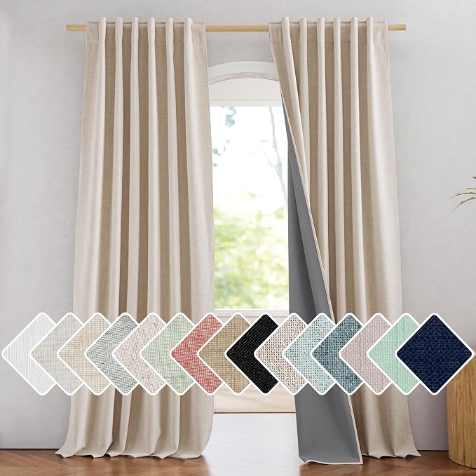 NICETOWN 100% Blackout Beige Linen Bedroom Curtains 95" Length with Thermal Insulated Liners, Farmhouse Style Room Cooling Window Treatments for Living Room, Home Office (2 Panels, 52" W)