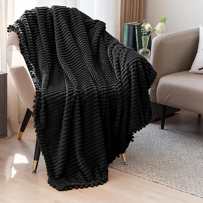 DISSA Fleece Blanket Twin Size – 60x80, Black - Soft, Plush, Fluffy, Fuzzy, Warm, Cozy – Perfect Throw for Couch, Bed, Sofa - with Pompom Fringe - Flannel Blanket